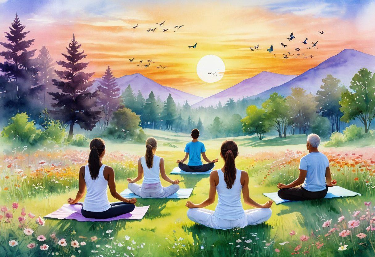A serene landscape featuring a vibrant sunrise over a peaceful meadow, with a diverse group of people joyfully engaging in activities like yoga, reading, and laughing together. Add elements like blooming flowers and butterflies to symbolize happiness and growth. The scene should evoke a sense of peace and positivity, inviting the viewer to embrace blissful moments. watercolor style. bright pastel colors.