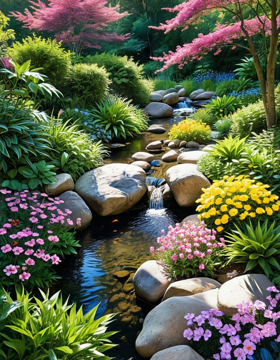 A serene landscape featuring a blooming garden filled with colorful flowers, a gentle stream flowing through, and soft sunlight filtering through the trees. A person practicing mindfulness meditation sits peacefully on a rock, embodying tranquility and joy. Include vibrant colors and a sense of harmony to convey inner peace and contentment. super-realistic. vibrant colors. peaceful atmosphere.