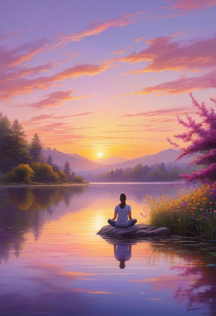 A serene landscape depicting a vibrant sunrise over a tranquil lake, illustrating joy and peace. Include a person meditating on the shore, surrounded by blooming flowers and gentle waves reflecting the sunlight. Add soft pastel colors to evoke a feeling of bliss and harmony. super-realistic. vibrant colors. nature scene.